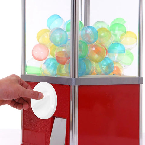 Upgrade Your Gaming Setup With This Sturdy White Plastic Control Knob Replacement Part For Vending Machines And Ashapon Units Durable Hardware Built Tough To Resist Damage Perfect For Home Parties And Creative Repair Projects That Make Things Funky. White control knob on red vending machine with colorful balls inside.