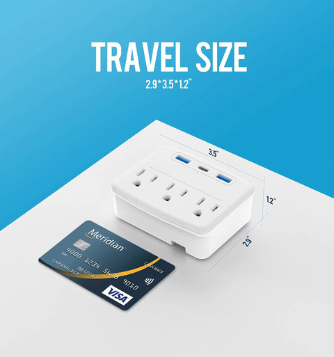 Foldable Cruise Power Strip With USB C Outlets Non Surge Protector 3.4A Total Travel Must Have next to credit card for size comparison