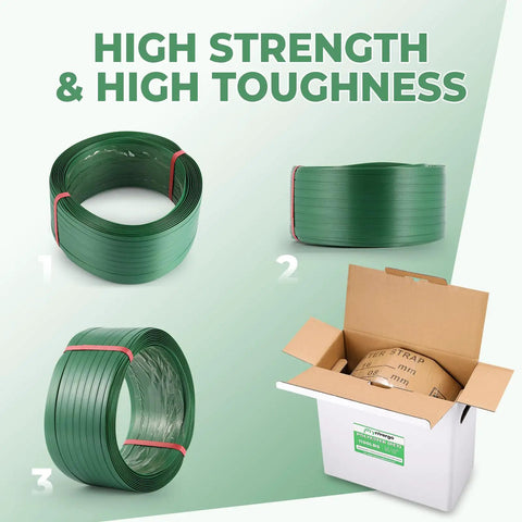 Real Deal 5/8 By 1049 Feet Polyester Pet Strapping Roll Built Different For Heavy Duty Packaging Palletizing 1100 Pound Break Tension, three rolls displayed.