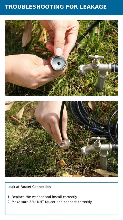 Hands adjusting 3/4 inch brass adapter on Beat The Heat Outdoor Misting System 39 Ft With 11 Brass Mist Nozzles for patio cooling