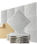 High Density Polyester Acoustic Wall Panels Kick Echo To The Curb With These Smooth Soundproofing Tiles Perfect For Home Studio Office And Gaming Setup Breeze To Install Gray 12 Pack stacked and displayed with peel and stick backing.