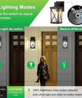 3 lighting modes of 2 Pack Outdoor Wall Lanterns With Motion Sensor And Dusk To Dawn, Matte Black Sconces with clear glass.