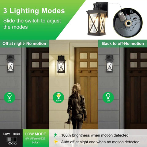 3 lighting modes of 2 Pack Outdoor Wall Lanterns With Motion Sensor And Dusk To Dawn, Matte Black Sconces with clear glass.
