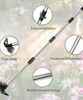 60 Inch Weed Puller with long handle, 2 in 1 garden weed rake and hoe, heavy duty uprooter in garden with design features highlighted.