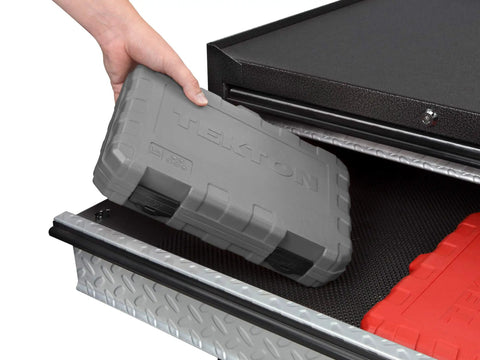 Person placing case of One Quarter Inch Drive Socket Set With Case Including Hex Torx Phillips Slotted Square Bits 42 Piece DIY Auto Tool Kit in drawer