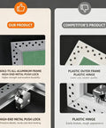 Comparison of Rock Solid Aluminum Drywall Access Panel With Paintable Push Latch Cover to competitor's plastic hinge product.