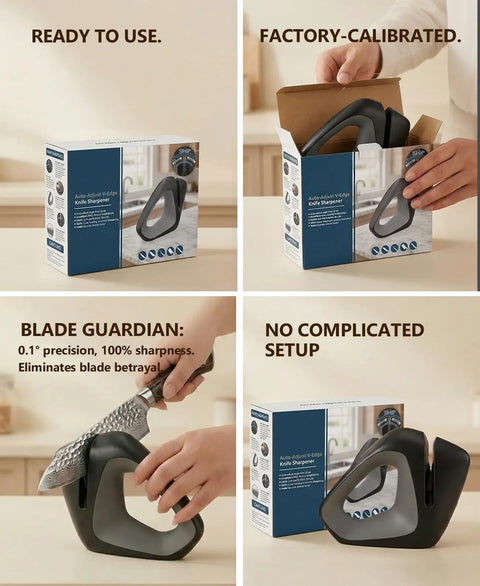 Smart Self Adaptive Knife Sharpener With Auto Angle Tech Delivers A Pro Edge In Seconds Safely Protects Blades All Blades Compatible Installation Free Durable And Easy Care For Any Kitchen Knife shown in various usage and packaging scenarios.