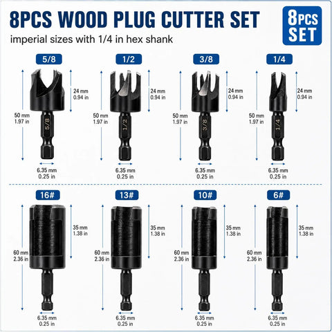 Premium 8 Piece Wood Plug Cutter Drill Bit Set with various sizes, high carbon steel, hex shank for seamless furniture repairs.