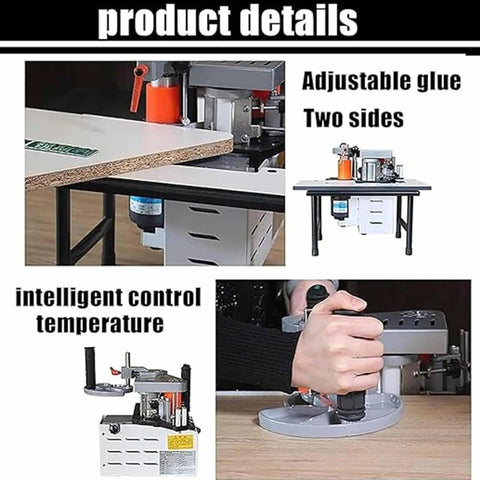 Various views of the 1200W Portable Edge Bander For Woodworking On The Go with adjustable speed 5-10m/min in use on a desktop.