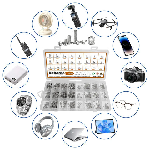 1110Pcs Stainless Steel Micro Screws And Nuts Set Metric M1 To M2.5 Sizes in storage case with electronic devices