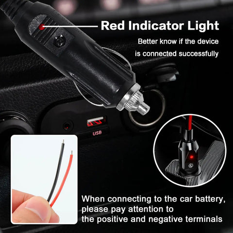 Heavy Duty Three Pin CB Power Cord With 2 Wire 16 Gauge Copper Cable And Fused Car Lighter Plug 12V Replacement For Mobile CB Radios That Power Your Rig And Work With Most 3 Pin Systems Red LED Indicator showing connection status.
