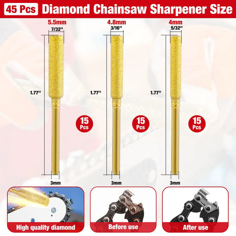 Portable Electric Chainsaw Sharpener Kit With 8 Piece File Set And 45 Diamond Sharpener Stones showing dimensions and uses