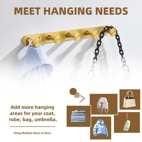 Five Hook Towel Rack In Brushed Dark Gold Stainless Steel, Wall Mount Bathroom Organizer holding chain and towel