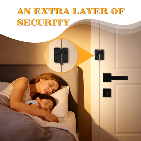 Heavy Duty Stainless Steel Flip Gate Latch Set With Padlock on bedroom door, matte black finish, used for security indoors.
