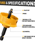 3-piece impact hole saw set in yellow; 1/4 hex shank; sizes 7/8, 1-1/8, 1-3/8 (22/29/35mm), close-up