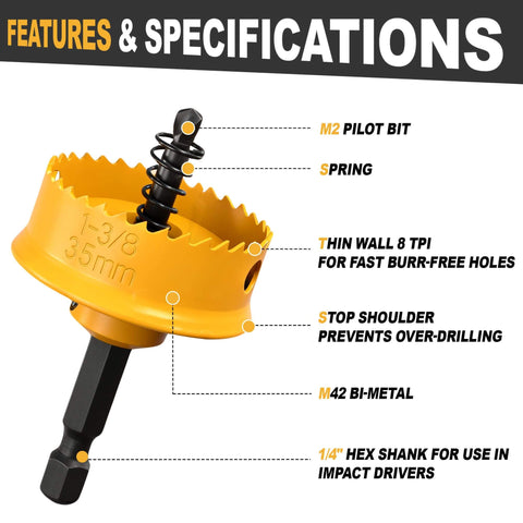 3-piece impact hole saw set in yellow; 1/4 hex shank; sizes 7/8, 1-1/8, 1-3/8 (22/29/35mm), close-up