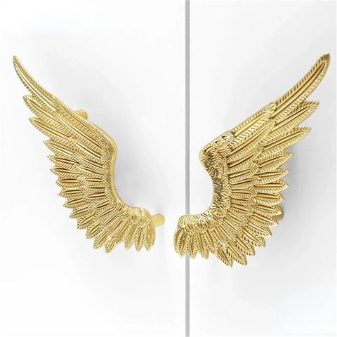Official Top Shelf Solid Brass Angel Wing Cabinet Handles And Knobs With Slick Matte Gold Plating For Wardrobes And Dresser Doors, detailed view.