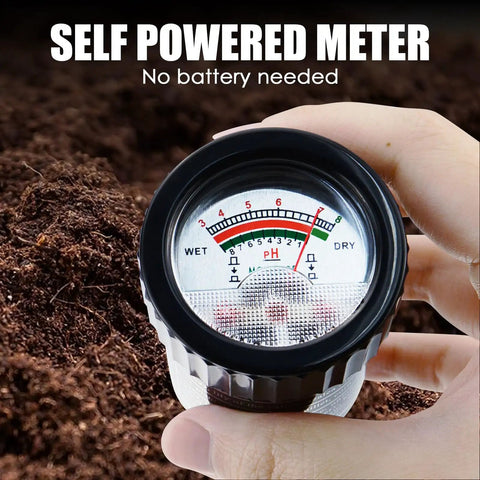 Person holding 2-In-1 Digital Soil pH And Moisture Meter With A 295mm Long Electrode, self-powered, over soil background.