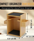 Compact AeroPress Organizer Stand Bamboo Coffee Caddy Station With Filter Holder Mug Rack Scoop Funnel Silicone Drip Mats For Neat Go To Countertop Coffee Setup At Home Or Office, showing dimensions and compartments.