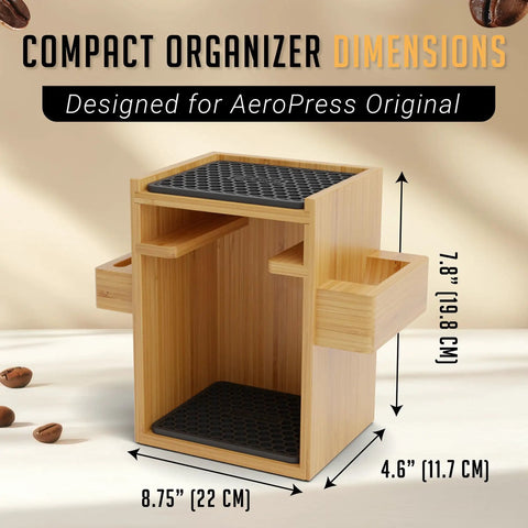 Compact AeroPress Organizer Stand Bamboo Coffee Caddy Station With Filter Holder Mug Rack Scoop Funnel Silicone Drip Mats For Neat Go To Countertop Coffee Setup At Home Or Office, showing dimensions and compartments.