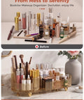 Top Shelf 360 Spin Makeup Organizer For Vanity Countertop Functions As Amber Acrylic Cosmetic Tray With Wide Open Slots For Instant Access And Absolute No Sweat Daily Routine on marble surface.