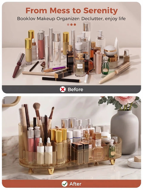 Top Shelf 360 Spin Makeup Organizer For Vanity Countertop Functions As Amber Acrylic Cosmetic Tray With Wide Open Slots For Instant Access And Absolute No Sweat Daily Routine on marble surface.