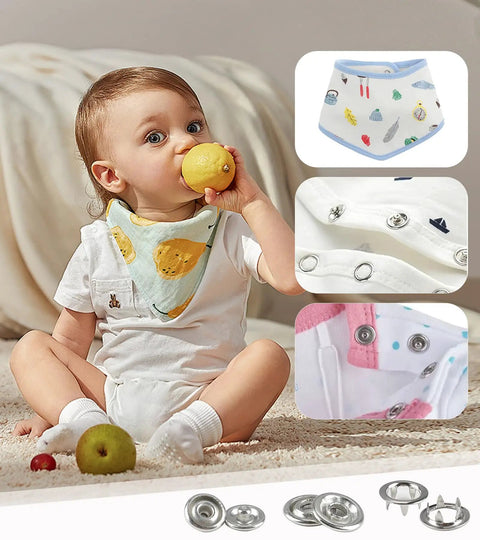 Toddler wearing bib with 200 Piece Metal Snap Fasteners Kit With Tool 9.5mm No Sew Open Ring Prongs, cloth designs in frame