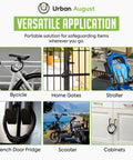 Collage showing versatile uses of the 4 Digit Combo Fridge Lock For Kids And Adults on bike, gate, stroller, fridge, scooter, cabinets.