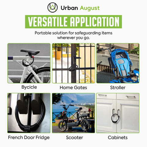 Collage showing versatile uses of the 4 Digit Combo Fridge Lock For Kids And Adults on bike, gate, stroller, fridge, scooter, cabinets.