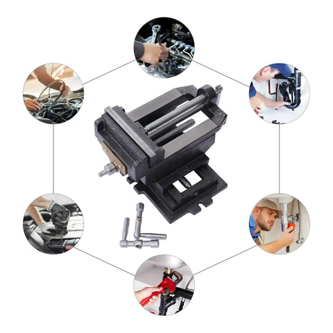 6 Inch Cross Slide Vise Drill Press Mount Heavy Duty Milling Vise with tools and hands working in various repair situations.