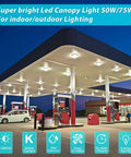 Gas station canopy lit by Beast Bright 75W Outdoor Canopy Light 9750LM 5000K Daylight IP65 Waterproof LED.