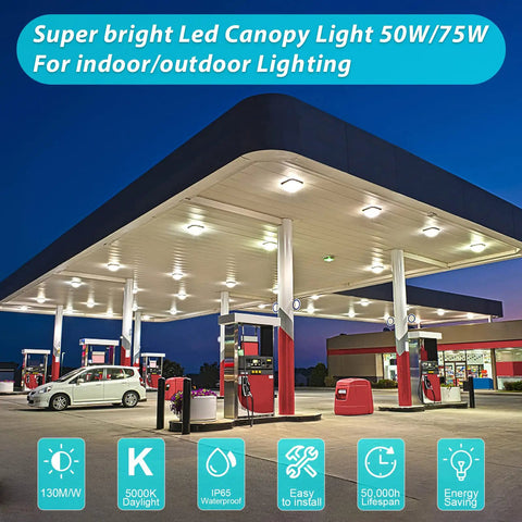 Gas station canopy lit by Beast Bright 75W Outdoor Canopy Light 9750LM 5000K Daylight IP65 Waterproof LED.