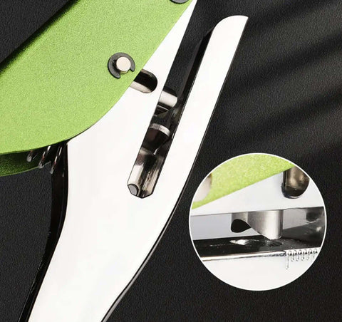 Heavy Duty Single Hole Punch Handheld Paper Punch For Cards Tags Scrapbooks And Crafts Five Sixteenth Inch Eight Millimeter Hole Size, Ergonomic Zinc Alloy Puncher, Pro Grade Labor Saver, close-up view of cutting mechanism.