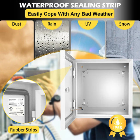 Heavy Duty Steel Electrical Junction Box 12X10X8 Inch IP66 Waterproof And Dustproof Outdoor Indoor Project Enclosure With Mounting Plate showing sealing strip and features.