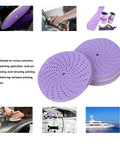 Kick-Ass 6 Inch Ceramic Sanding Discs With Fast Cutting Power And Dust Free Design For Woodworking Projects And Car Polishing stacked, purple circles.