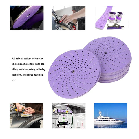 Kick-Ass 6 Inch Ceramic Sanding Discs With Fast Cutting Power And Dust Free Design For Woodworking Projects And Car Polishing stacked, purple circles.