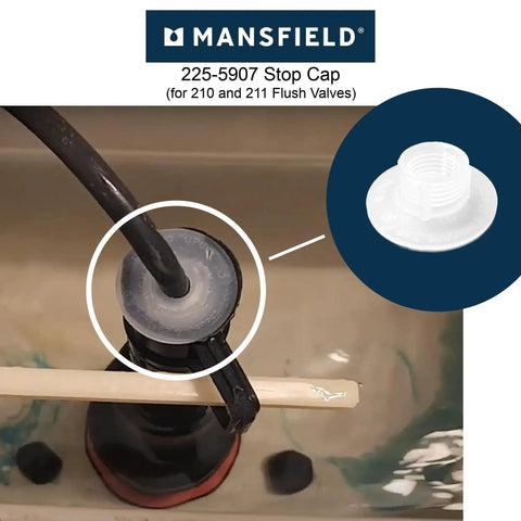Heavy Duty White Stop Lock Cap For Toilet Flush Valves 225 5907 210 211 installed on flush valve with clear view of design.
