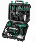 Sweet Green 8V Cordless Drill Tool Kit With Rugged Storage Case 126 Piece Heavy Duty Hand Tools For Diy Home Repairs Compact Electric Screwdriver Power Wrench Setup in open case showing assorted tools.