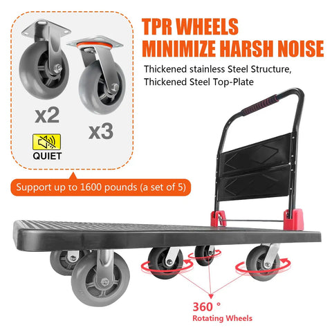Heavy Duty Folding Platform Cart, 1600 Lbs Capacity showing TPR wheels, stainless steel structure, and spacious deck for easy movement.