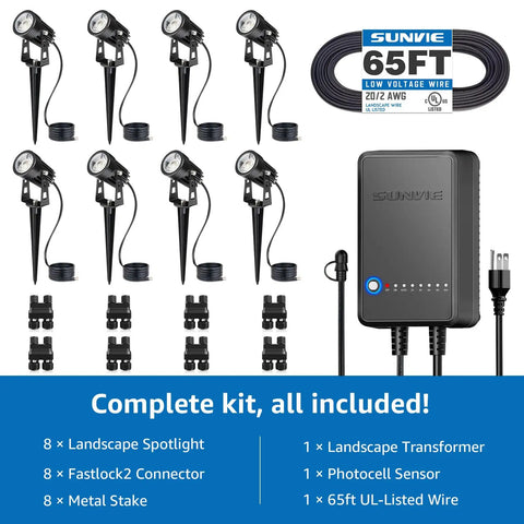 All In One Outdoor Landscape Lighting Kit For Easy No Fuss Setup 8 Pack Low Voltage Uplights with 60W Transformer 65ft Wire