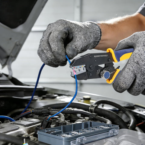 Mechanic using 7 Piece Beefed-Up Pro Grade Quick Change Crimping Tool Set With Ratcheting Wire Crimper And 7 Die Sets for wiring