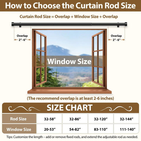 Diagram showing how to choose curtain rod size with overlap, featuring adjustable black curtain rod from 32 to 144 inches.