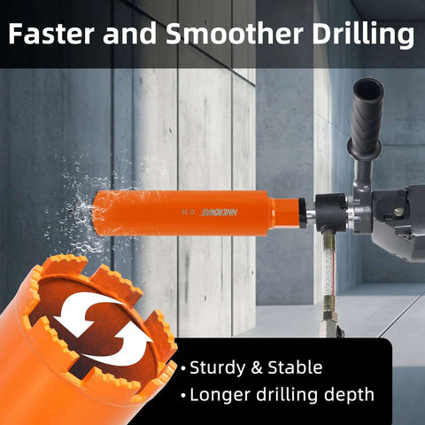 NINEROARS 3-inch orange wet diamond core drill bit mounted on a drill with water cooling hose
