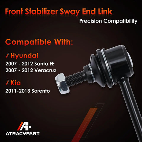 Front Sway Bar End Link Set - 2 Pack Fit For Hyundai Santa Fe 07-12 And Veracruz 07-12, Kia Sorento 11-13, Saturn Aura 07-09, Ion 03-07, Pontiac Pursuit 05-06 - Easy Bolt-On Suspension Upgrade For A Smoother Ride. Black steel front sway bar end link with bolt for Hyundai and Kia fitment.
