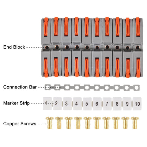 DIN Rail Terminal Blocks Kit With 30 Universal Compact Wire Connectors 3 Marker Strips 3 Connection Bars And 30 Screws For 28 12 AWG Wires
