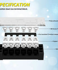 Heavy Duty Dual Row Six Position Screw Terminal Block Kit With Cover And Pre Insulated Jumpers 35A 600V Rating Dual Row Terminal Strip Includes Two Pack Set For Wide Range Wiring And Secure Easy Connections image showing parts labeled