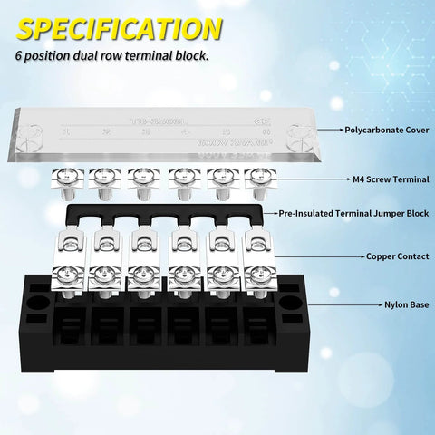 Heavy Duty Dual Row Six Position Screw Terminal Block Kit With Cover And Pre Insulated Jumpers 35A 600V Rating Dual Row Terminal Strip Includes Two Pack Set For Wide Range Wiring And Secure Easy Connections image showing parts labeled
