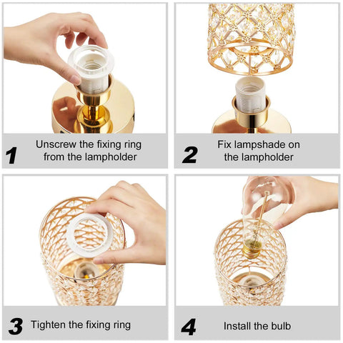 Manual assembly steps for Touch Control Crystal Bedside Lamp With USB Ports, Dimmable 3 Way Gold Nightstand Light, bulb included.