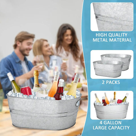 Two Pack 4 Gallon Galvanized Ice Buckets For Parties with beverages, highlighting metal material and 2-pack design