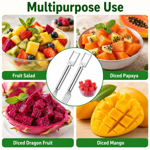 2-In-1 Watermelon Fork Cutter With Dual Head Knife And Fork shown with various diced fruits in a kitchen setting.